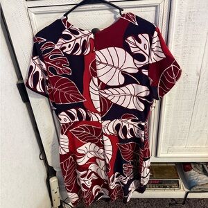 Elegant Leaf Print Midi Dress - Red and White